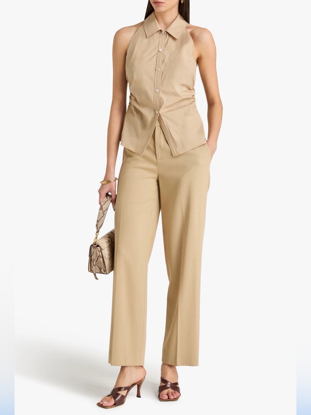 Veronica Beard Regina Ruched Stretch-Cotton Poplin Shirt in Stone Khaki